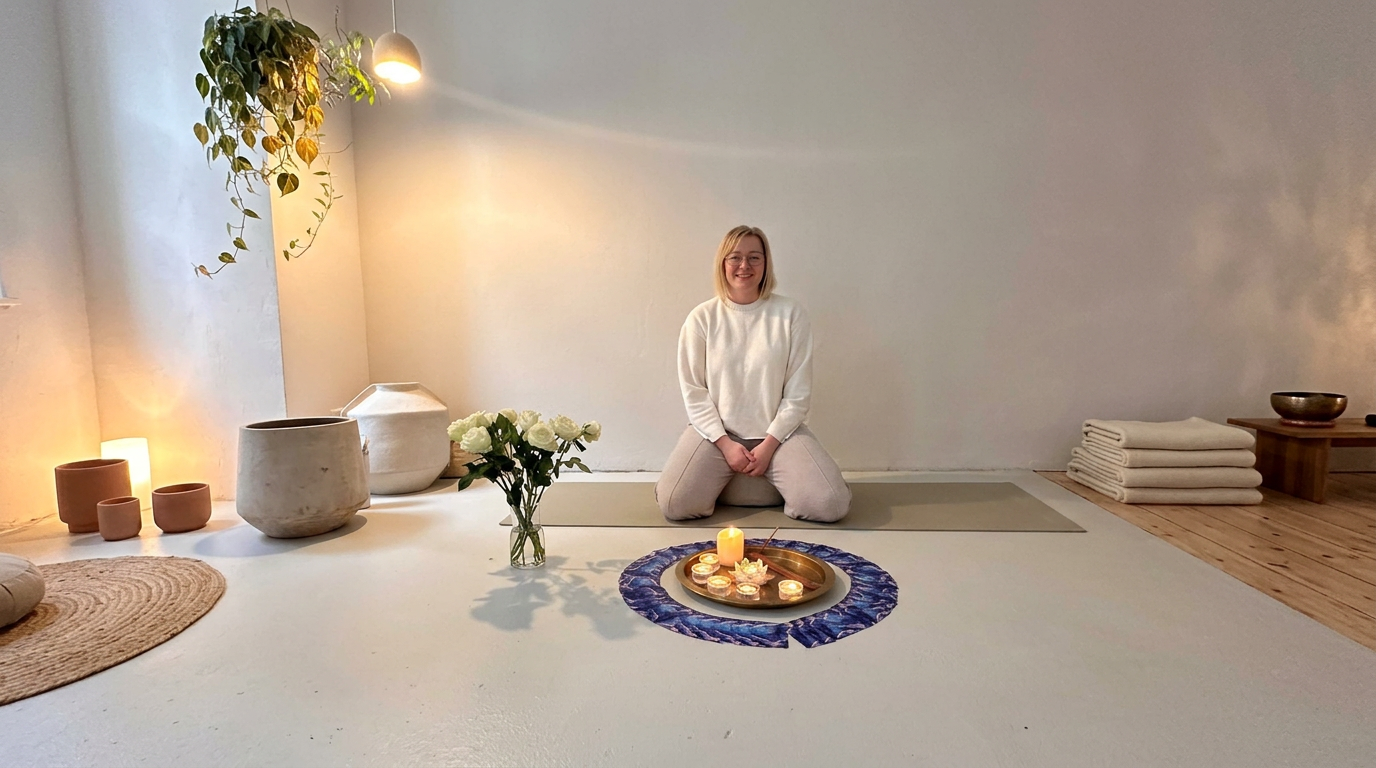Anja Winkelmann sitzt im Retreat-Raum hinter einem Kerzenkreis mit weißen Rosen